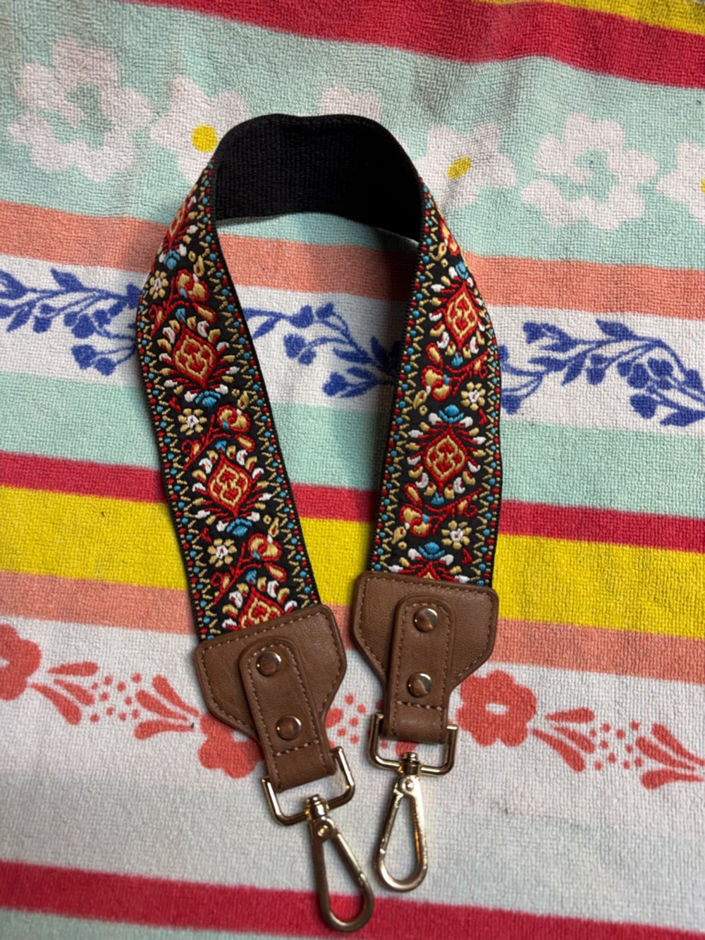 Brown Floral Embroidered Adjustable Camera/Bag Strap - Multicolor